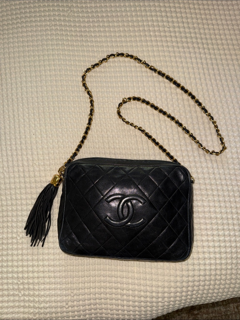 CHANEL Black Quilted Leather Crossbody Camera Bag with Tassel